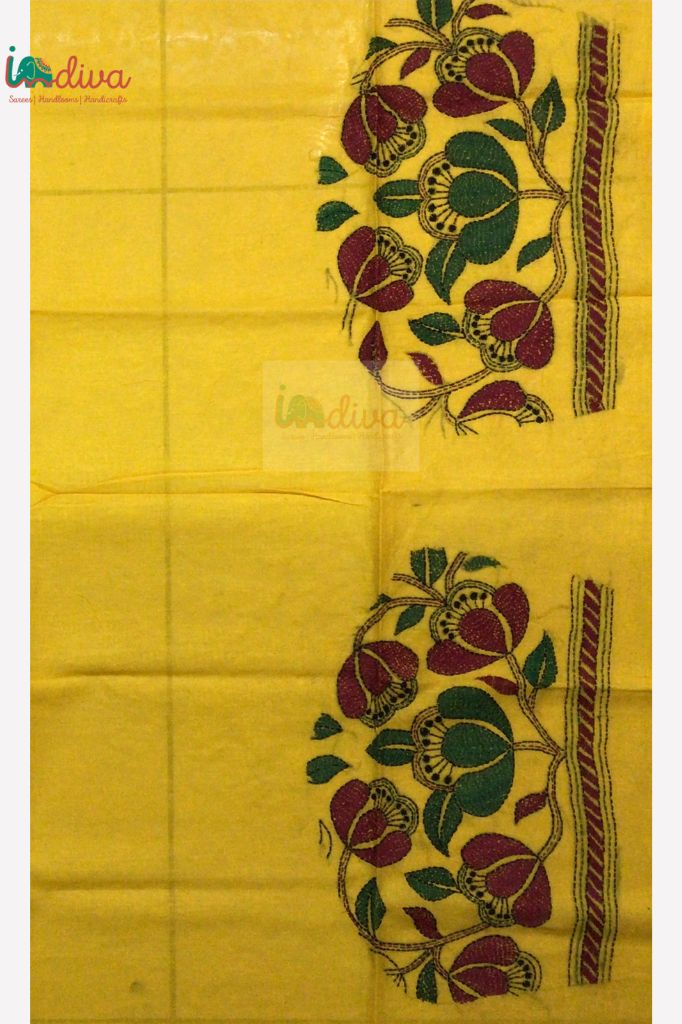 Yellow Kantha Work Blouse Fabric With Maroon & Green Motifs