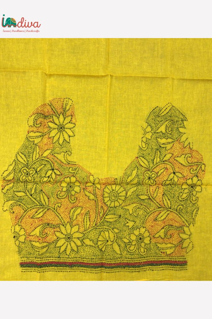 Yellow Reverse Kantha Blouse Fabric With Green & Red Floral Motifs