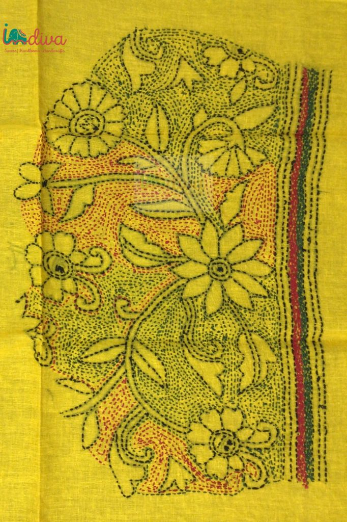 Yellow Reverse Kantha Blouse Fabric With Green & Red Floral Motifs
