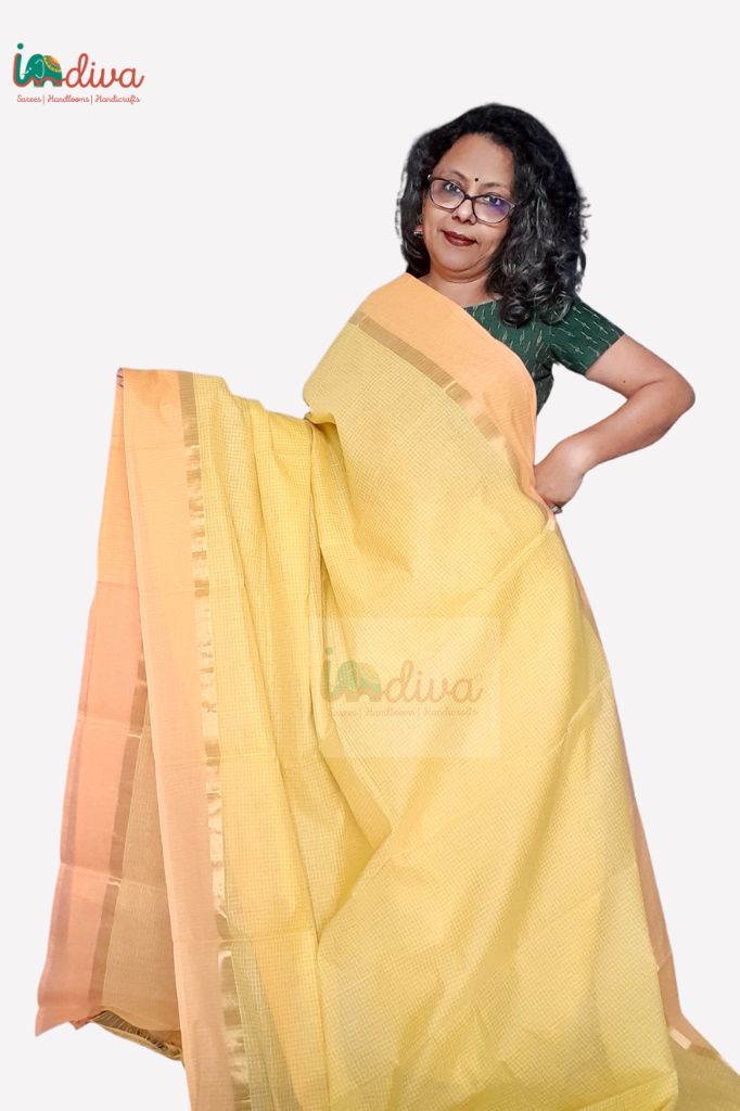 Yellow & Orange Checks Handloom Cotton Mangalgiri Saree