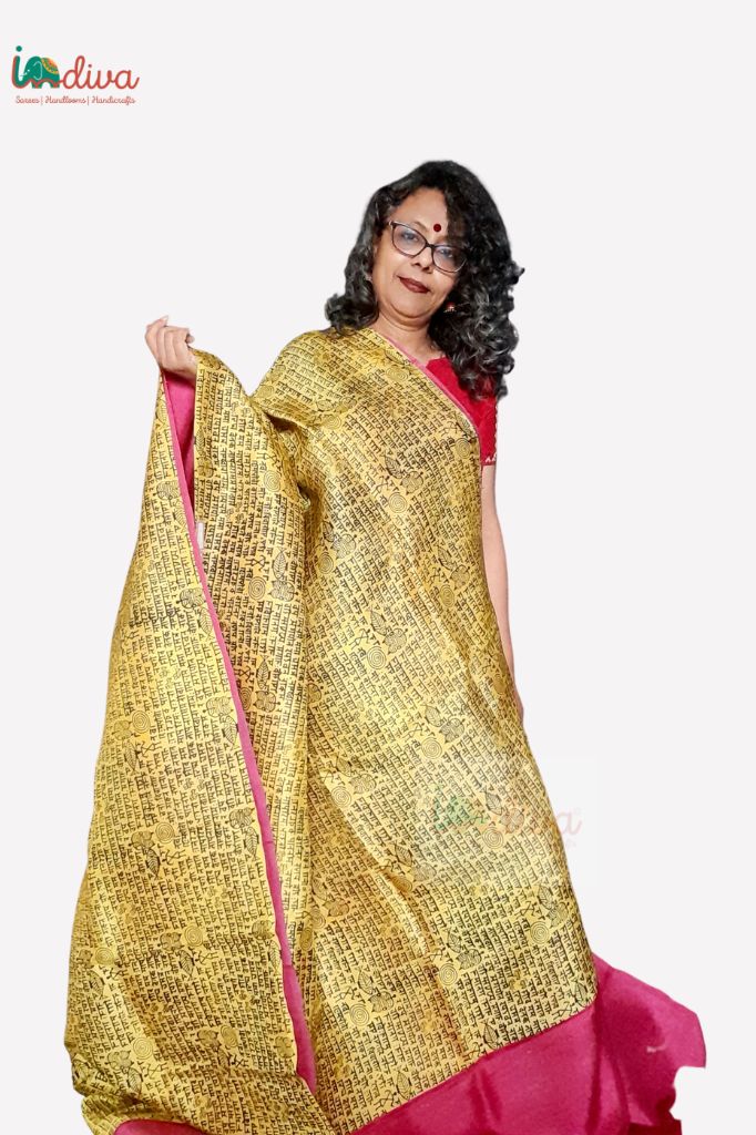 Yellow and Pink Block Printed Murshidabad Silk Saree
