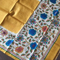 Yellow Handcrafted Kantha Tussar Silk Dupatta-Flat Lay