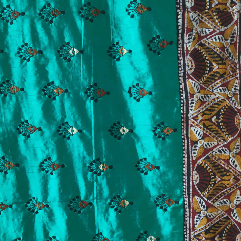 Indiva Assam Silk Kantha Embroidered Applique Green Saree-1b