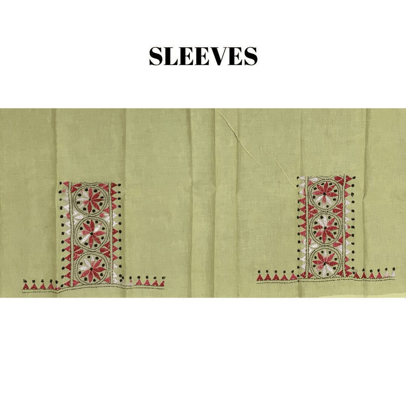 Yellow Kantha Blouse Fabric With Red &amp; White Motifs-Sleeves.png