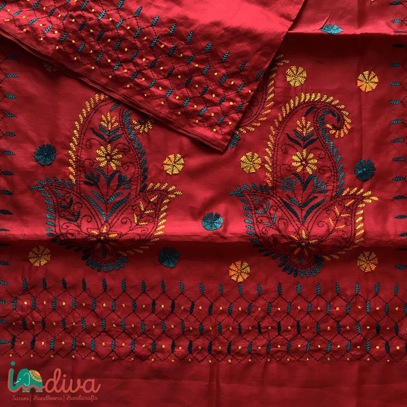 Indiva Kantha Embroidered Red Silk Saree-1a