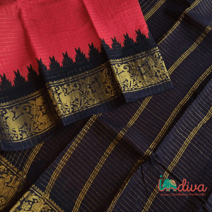 Indiva Sungudi Red &amp; Black Tye Dye Cotton Checks saree-1a